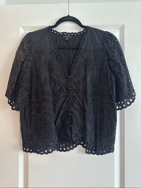 Ann Taylor Black Eyelet Button-Front Blouse